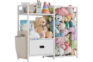 LATIBELL Metal Stuffed Animal Storage Toy Organizer - Kids Toy Storage Organizer with Toy Box, Stuffed Animal Zoo Storage with Bins, Toy Shelf Organizer Storage for Kids Room Playroom Nursery Bedroom (White)