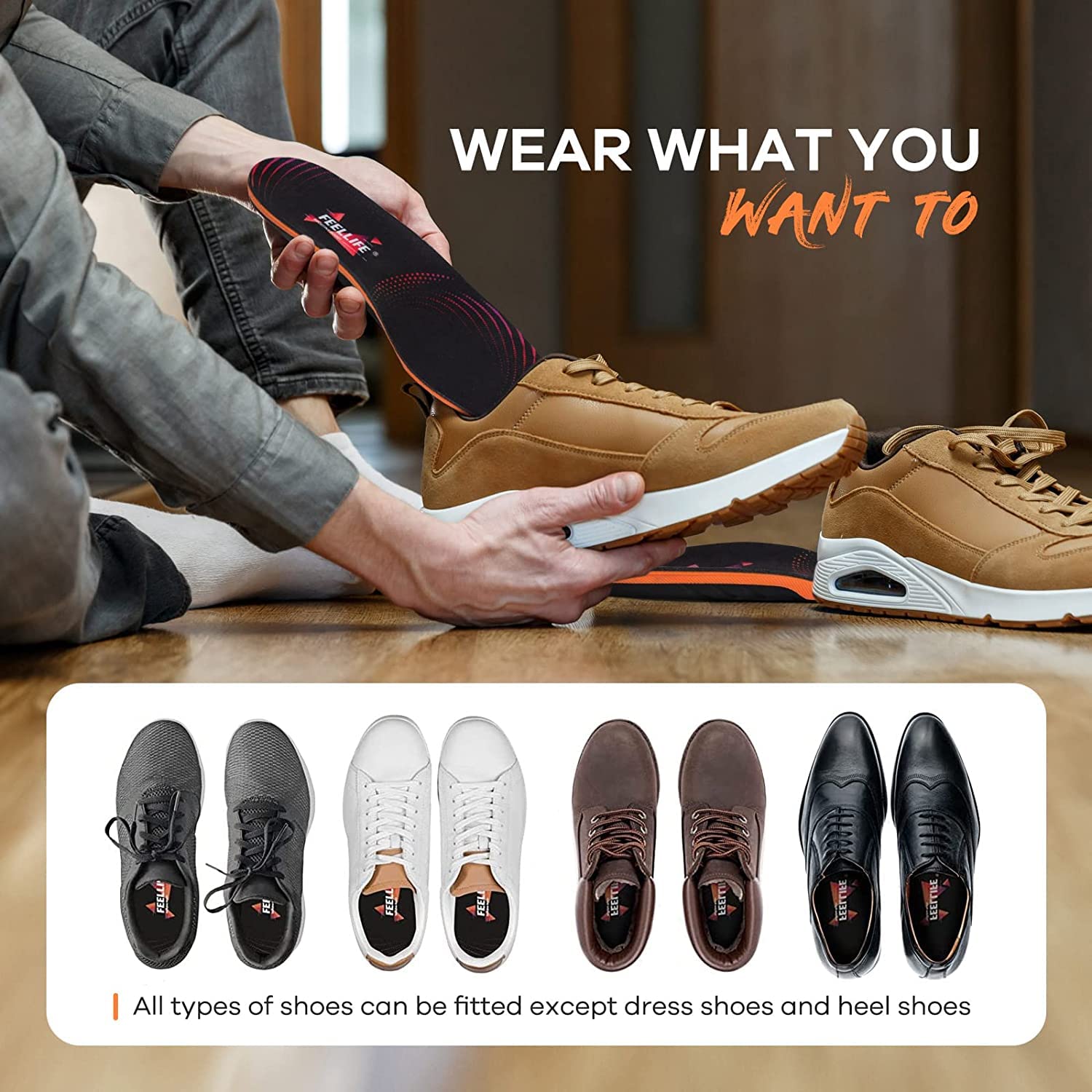 FEELLIFE FEELLIFE Plantar Fasciitis Relief Shoe Insoles [1-Pair], Arch Support Insoles, Running Athletic Gel Shoe Inserts, Orthotic Inserts for Arch Pain [Trim to Fit: Men 8-12/Women 9-13]