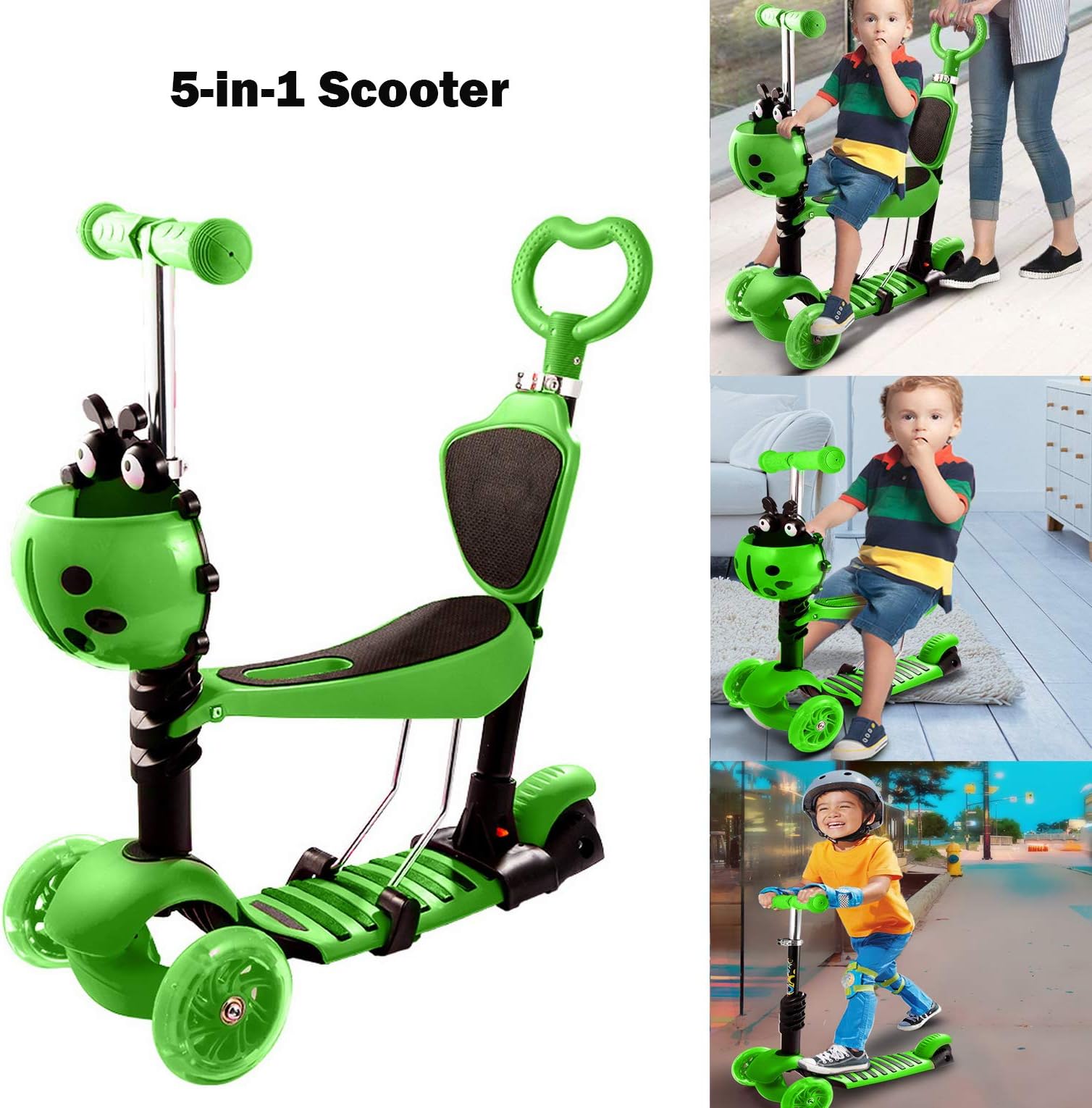 Hosmat 5-in-1 Scooter for Toddlers Kids with Seat - Adjustable Detachable Portable |3 Wheel Kick Scooter with LED Light up Wheels | Gift for Baby Boys Girls 1 to 6 Yeard Old [US Stock]