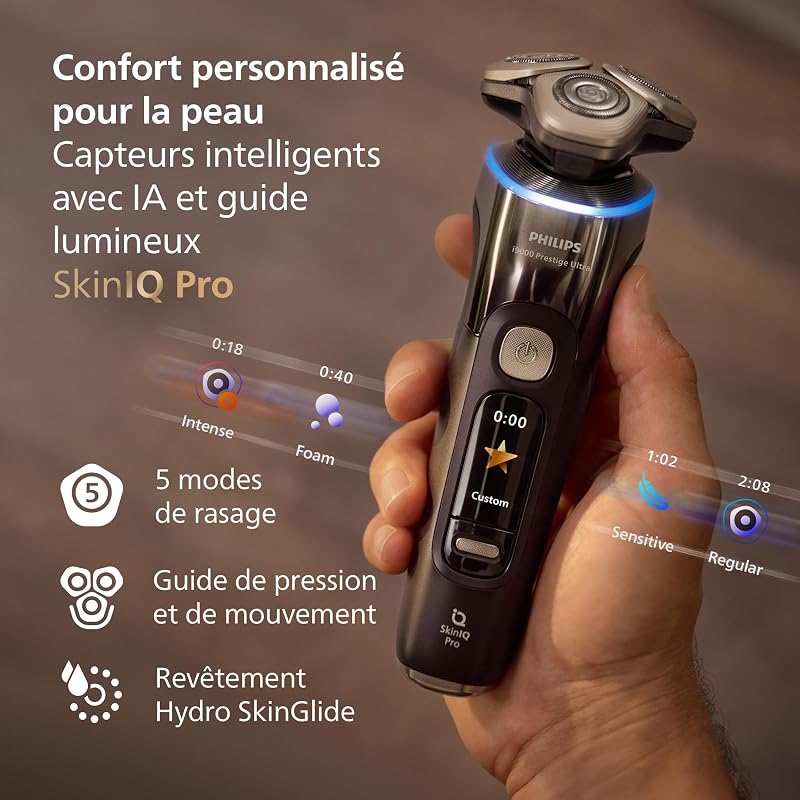 Rasoir i9000 Prestige Ultra, rasoir électrique 100% étanche, technologie Skin IQ Pro, système Triple Lift & Cut, lames de précision NanoTech rotatives à 360°, 5 modes de rasage, XP9405/31