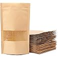 100pcs Kraft Paper Treat Bags with Window, Ziplock Stand Up Pouches for Packing Food Cookies Snacks