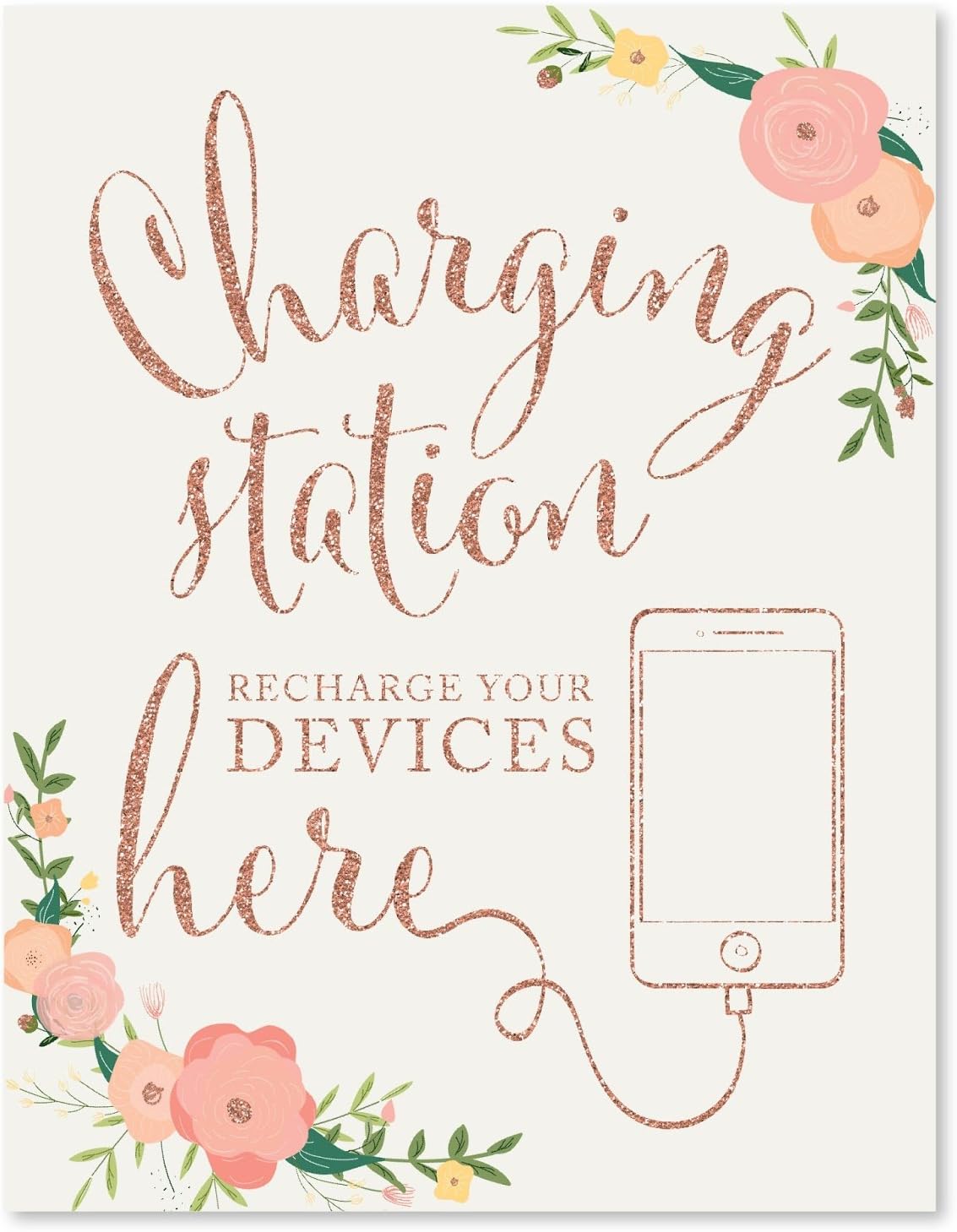 Amazon Com Andaz Press Wedding Party Signs Faux Rose Gold Glitter With Florals 8 5x11 Inch Charging Station Snap Chat Instagram And Tweet Away Recharge Your Phone Here Sign 1 Pack Colored Decorations Health Personal