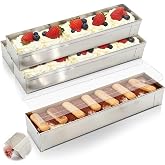 Blushtier 4 PC Tiramisu Cake Pan with Acrylic Lid, 15.75 x 3.94 x 2.56 Inch | 304 Stainless Steel, Rectangle Removable Nonstick Frame, Tiramisu Container Cake Baking Molds for Cheesecake Mousse Desserts