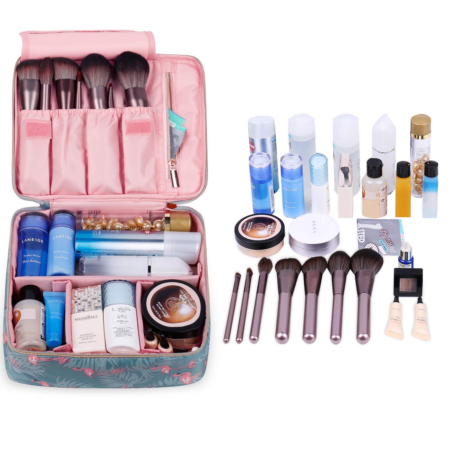 Travel Makeup Bag Large Cosmetic Bag Makeup Case Organizer for Women and Girls (Flamingo) : Beauty