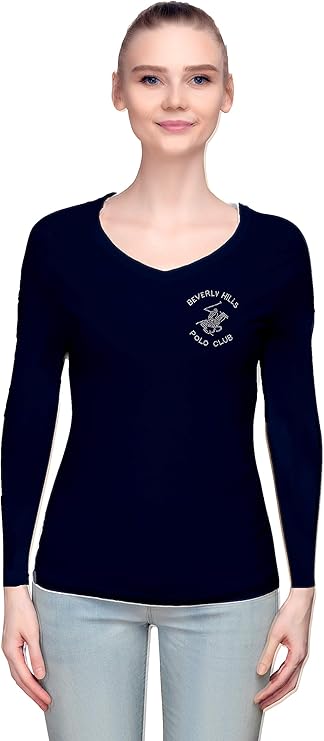 Beverly Hills Polo Club Stretch Modern Active Long Sleeve Fashion V Neck Top - Rhinestone Logo T 