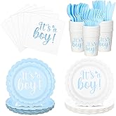 Qinyoung 218 Pcs Blue Boy Baby Shower Decorations Include 9" & 7" Dessert Plates Light Blue Napkins Spoons Forks Knives Sets Serves 24 for Gender Reveal Birthday Party Decorations