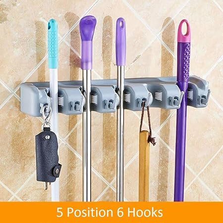 Toua Mop and Broom Holder, Multipurpose Wall Mounted Organizer Storage Hooks, Ideal Broom Hanger for Kitchen Garden, 5 Position 6 Hooks (Grey, 40 x 9 x 6)