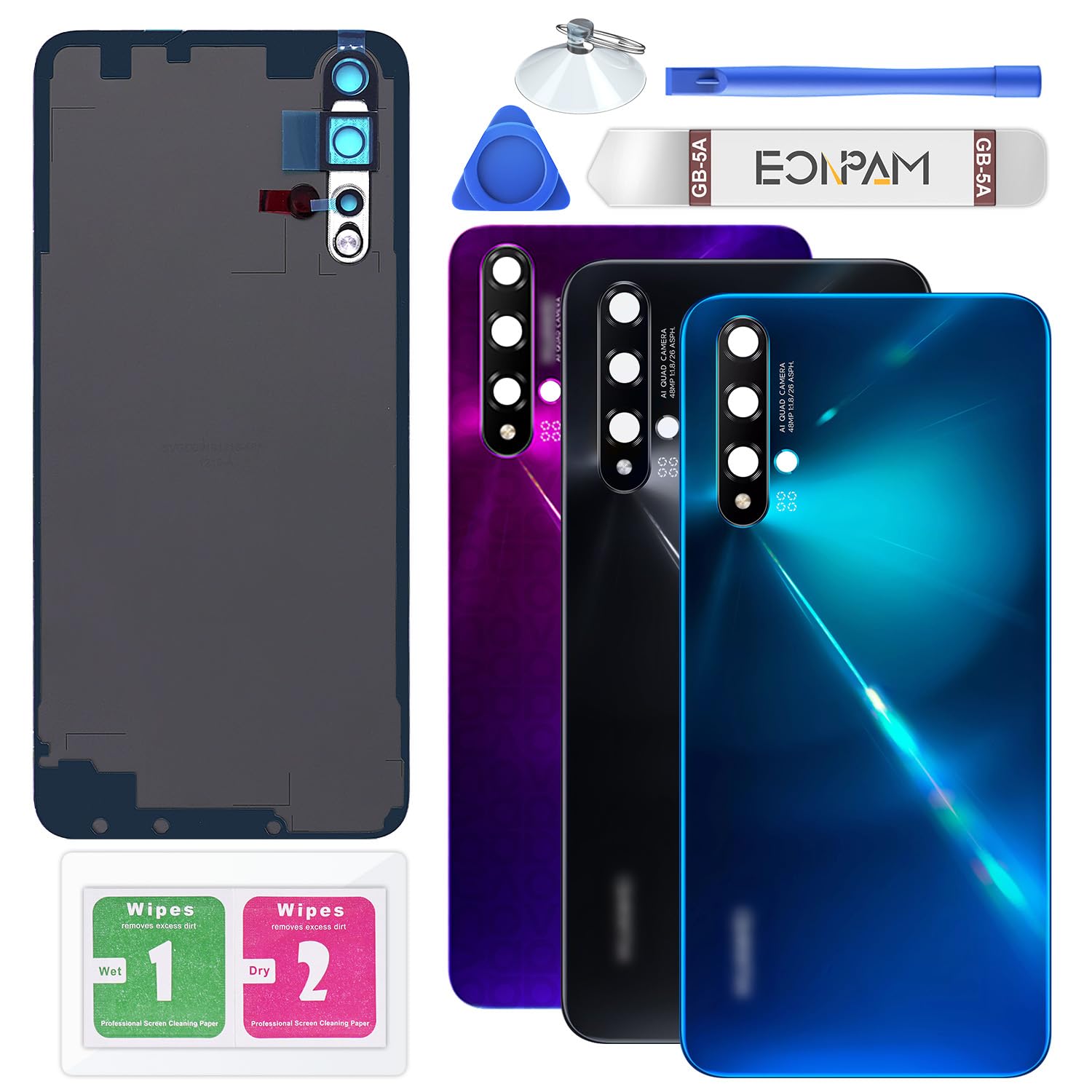 Eonpam Back Cover Glass for Huawei Nova 5T Rear Glass Replacement with Camera Lens + Repair Kit Genuine Rear Housing (Blue)