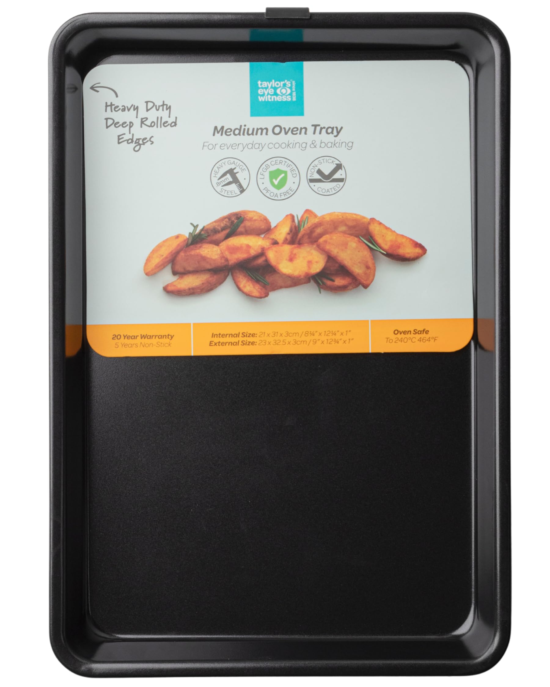 Medium Oven Tray with Rolled Edges - Non-Stick Heavy Gauge 0.8mm Carbon Steel, LFGB Certified & 20 Year Guarantee. Perfect for Baking & Roasting. Easy to Clean, Durable & Safe. Black Colour