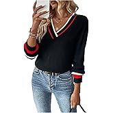 SOLY HUX Women's Striped Sweater V Neck Long Sleeve Knit Pullover Jumper Tops Fall Winter Clothes