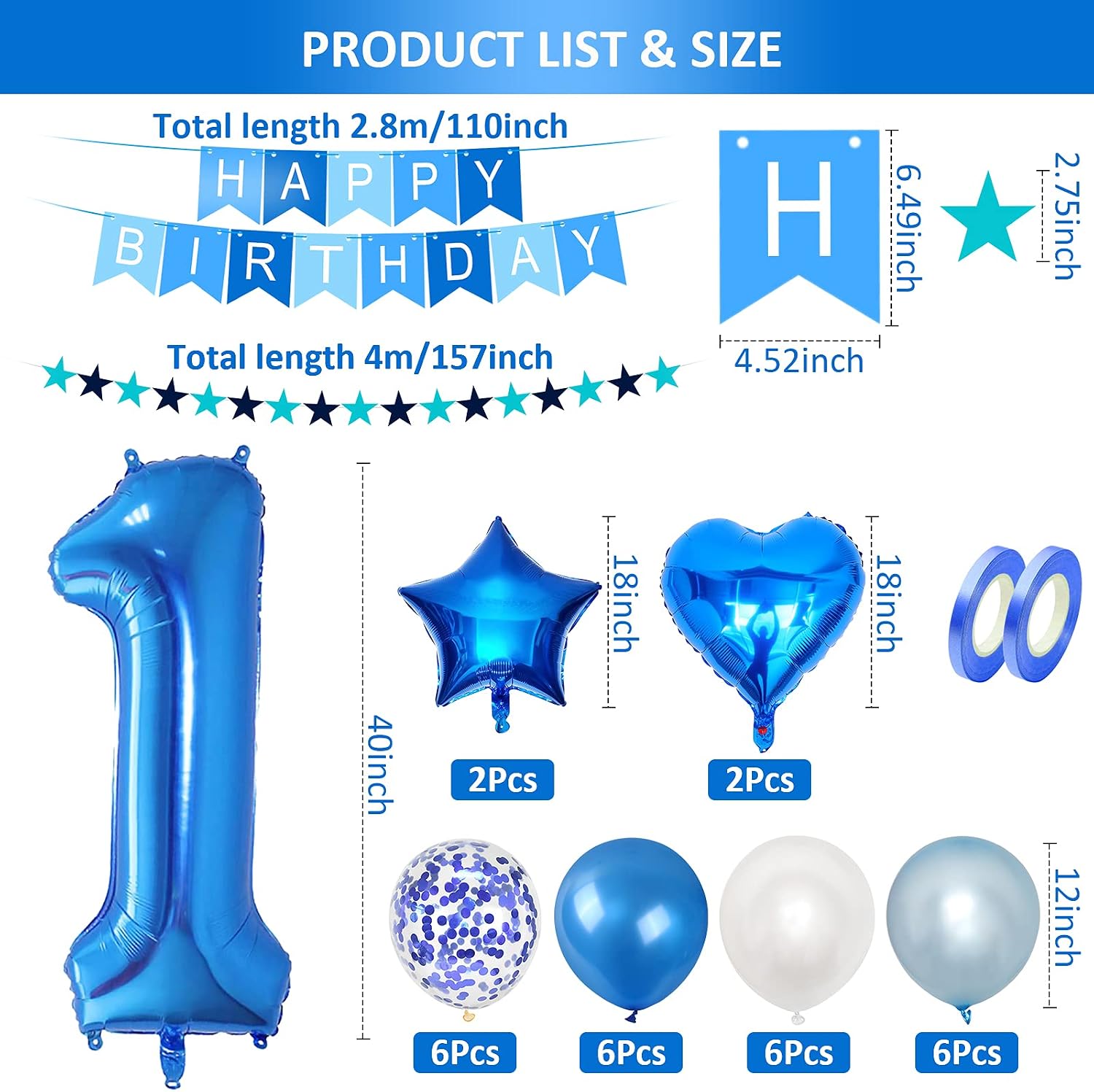 Unisun 1st Birthday Decorations for Boy 40 inch Helium Foil Balloon Number 1, Light Blue White Confetti Latex Balloons - Image 3