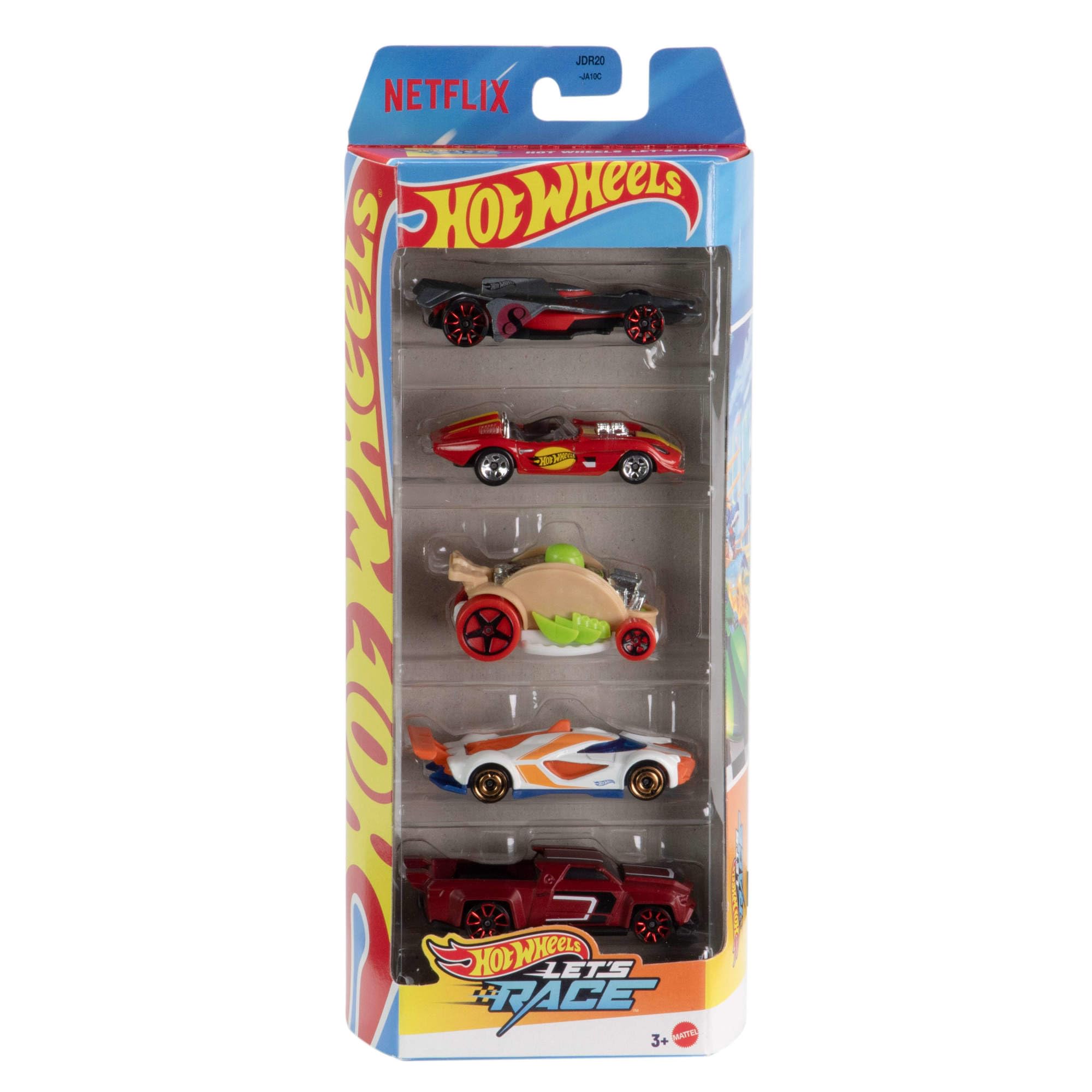 Hot Wheels Toy Cars, Set of 5 1:64 Scale Die-Cast Cars Featured in the Kids Animated Netflix Series Let’s Race, JDR20