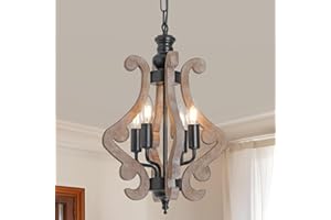 4-Light Rustic Chandeliers for Dining Room, Farmhouse Distressed Wood & Black Metal Pendant Light Fixture, Adjustable Height 