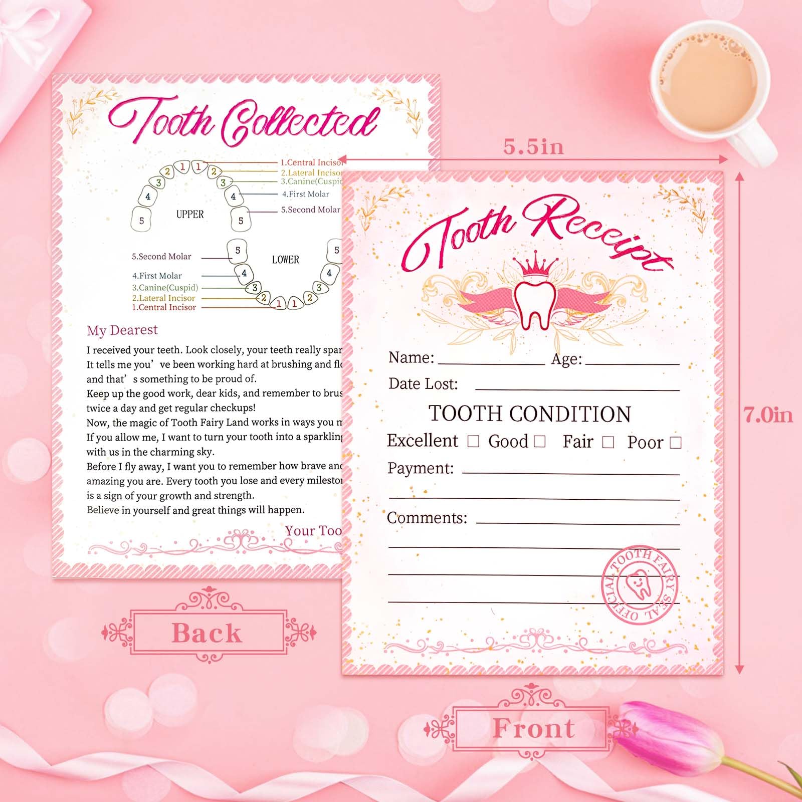 GerRiT 20 Tooth Fairy Receipt Cards Tooth Fairy Notes Certificate Keepsake First Lost Tooth Fairy Gifts for Girls Envelopes