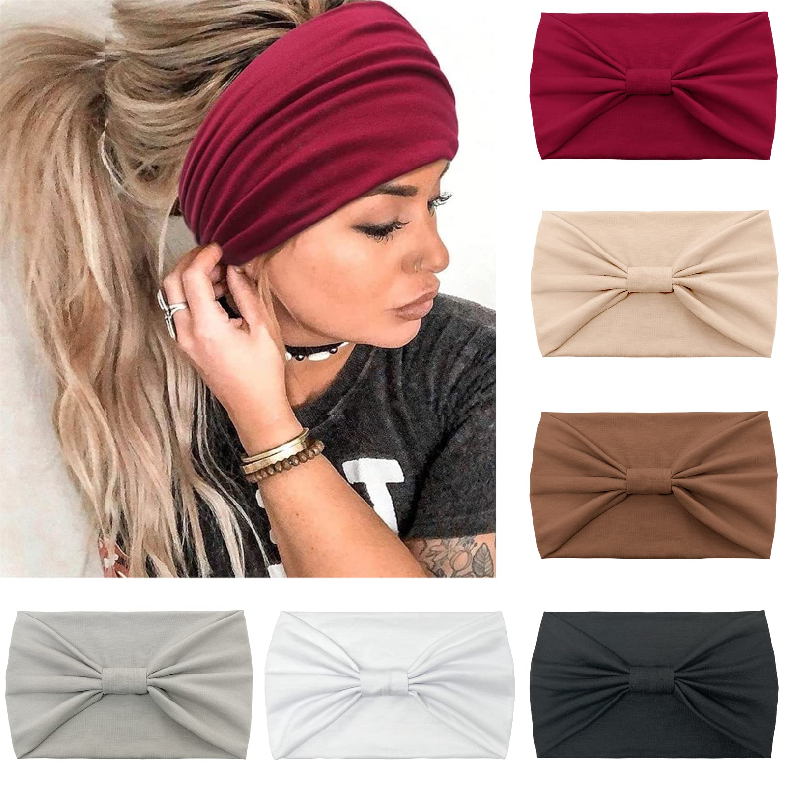 Kavya 6 Pcs Headbands for Women's Hair UK - Wide Soft Ladies Boho Fashion Bandanas Knot Adult Scarfs Elastic Fashion Yoga Hair Bands - Red — image 1