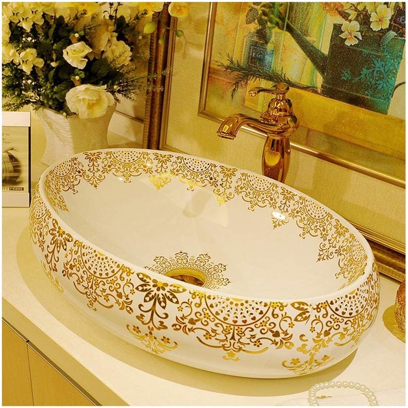 QWERTY Home Wash Basin Sink Art Above Counter Basin Ceramic Wash Basin Oval Ceramic Counter Wash Basin - Faucet Not Included for bathroom (Color : C, Size : 16X24X6inch)