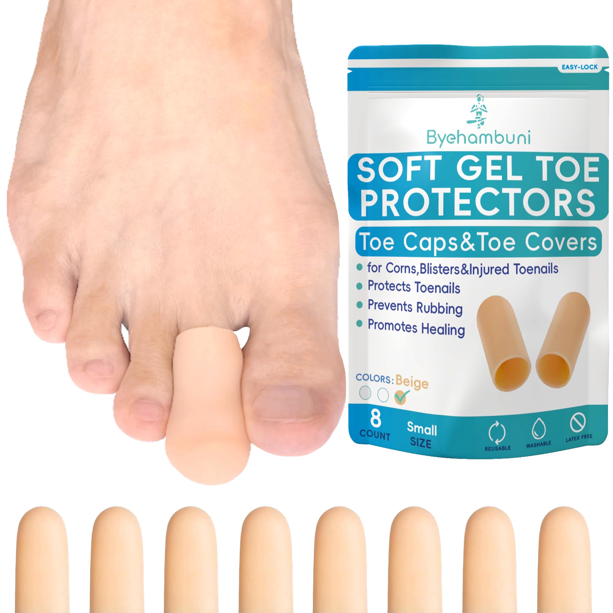 Photo 1 of Byehambuni Gel Toe Protectors for Men and Women - 8 Pack Toe Covers - Toe Cap - Toe Sleeves - for Corns, Calluses, Blisters - Protects Toenails, Prevents Rubbing - Beige (Small Size)