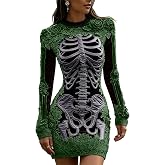 Halloween Skeleton Dress for Women Floral Skull Bodycon Long Sleeve Mini | Women's Spooky Crew Neck Stretch Fitted Costume Party, Gothic Rose Bone Print, Sexy Scary Club Night Out Day of Dead Outfit