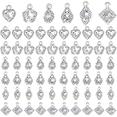 PH PandaHall 60pcs 6 Styles Zirconia Alloy Charms Silver Heart/Flower/Horse Eye/Teardrop/Square Charms Sets Crystal Pendants for Earring Bracelet Necklace Jewelry Making