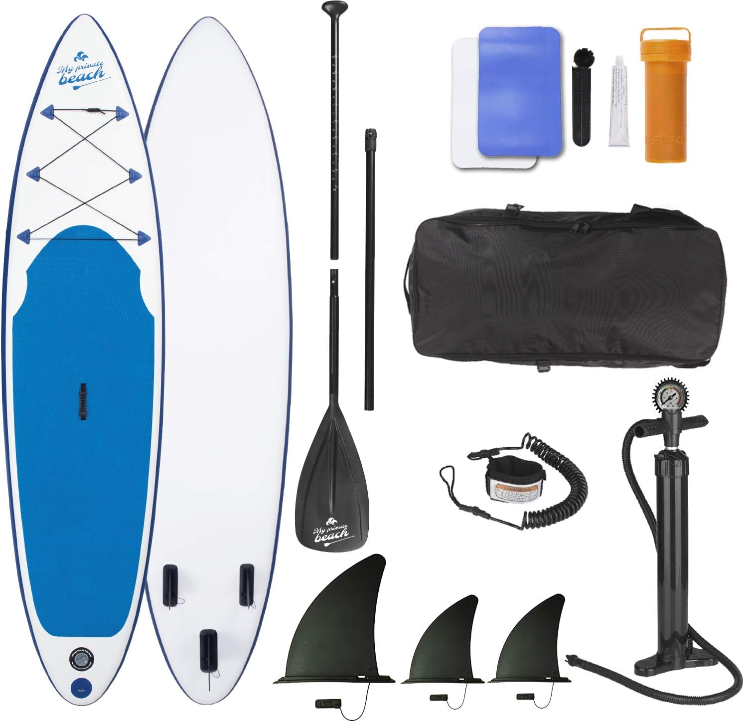 EASYmaxx SUP inflatable stand-up paddle board, including pump, carry bag and aluminium paddle, 3 fins for maximum stability, ideal for beginners and advanced users, white blue, 320 x 76 x 15 cm