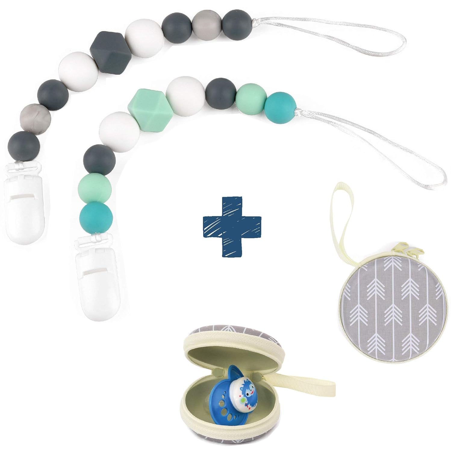 Silicone Pacifier Clip by Dodo Babies Pack of 2 + Pacifier Case, Premium Teething Bead Universal Holder Leash for Boys and Girls, Teething Toy or Soothie, Baby Shower Gift Set : Baby