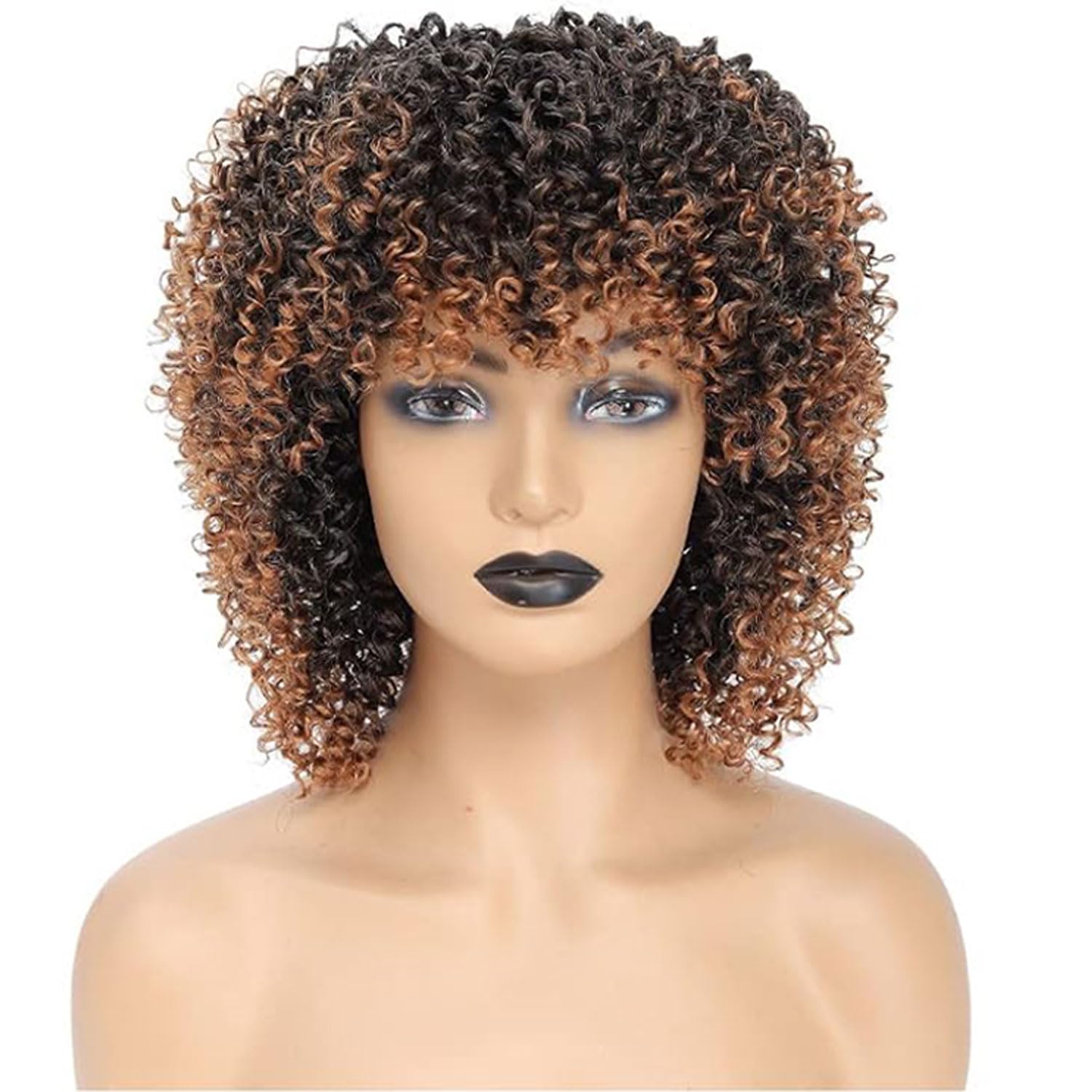 Fulang Hair Short Curly Brown Wigs for Black Women Afro Curly Wigs for Black Women Synthetic Wigs with Bangs Kinky Curly Wigs — image 1