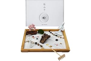 Melonva Japanese Zen Garden for Desk - Life Flows 12" x 8" Desktop Mini Zen Garden with White Sand Artificial Tree Rocks Rakes & Accessories - Meditation Zen Gifts Sand Tray Play Kit Zen Decor