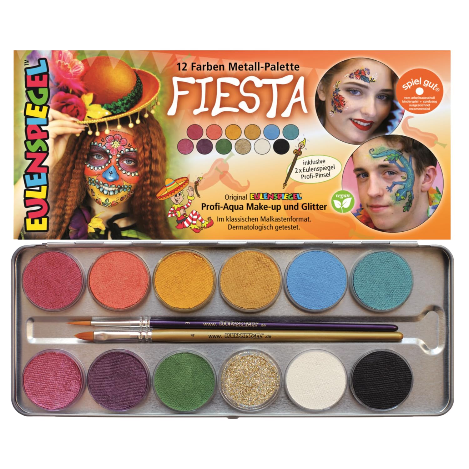 Eulenspiegel 10135870 Fiesta Makeup Palette, 11 Colors and 1 Glitter, Vegan Paints and Brushes, Colourful, 14 Stück (1er Pack)