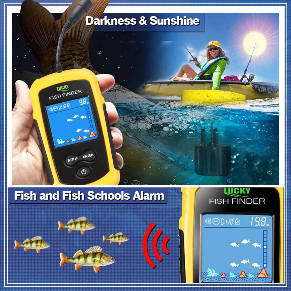 LUCKY Kayak Portable Fish Depth Finder Water Handheld Fish Finder Sonar Castable Kayak Boat Fishfinder Transducer Fishing LCD Display FFC1108: GPS & Navigation