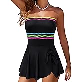 popvil Strapless One Piece Swimsuits for Women 2026 Tummy Control Swim Dress Bandeau Bathing Suit with Colorful Trim Cute Bow