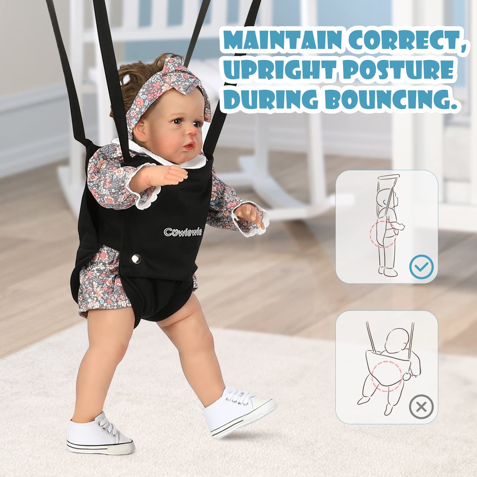 Baby Jumper with Stand, w/Walking Harness Function, for Infant 6-12 Months, Strong Support Stand for Small Spaces, White+Black