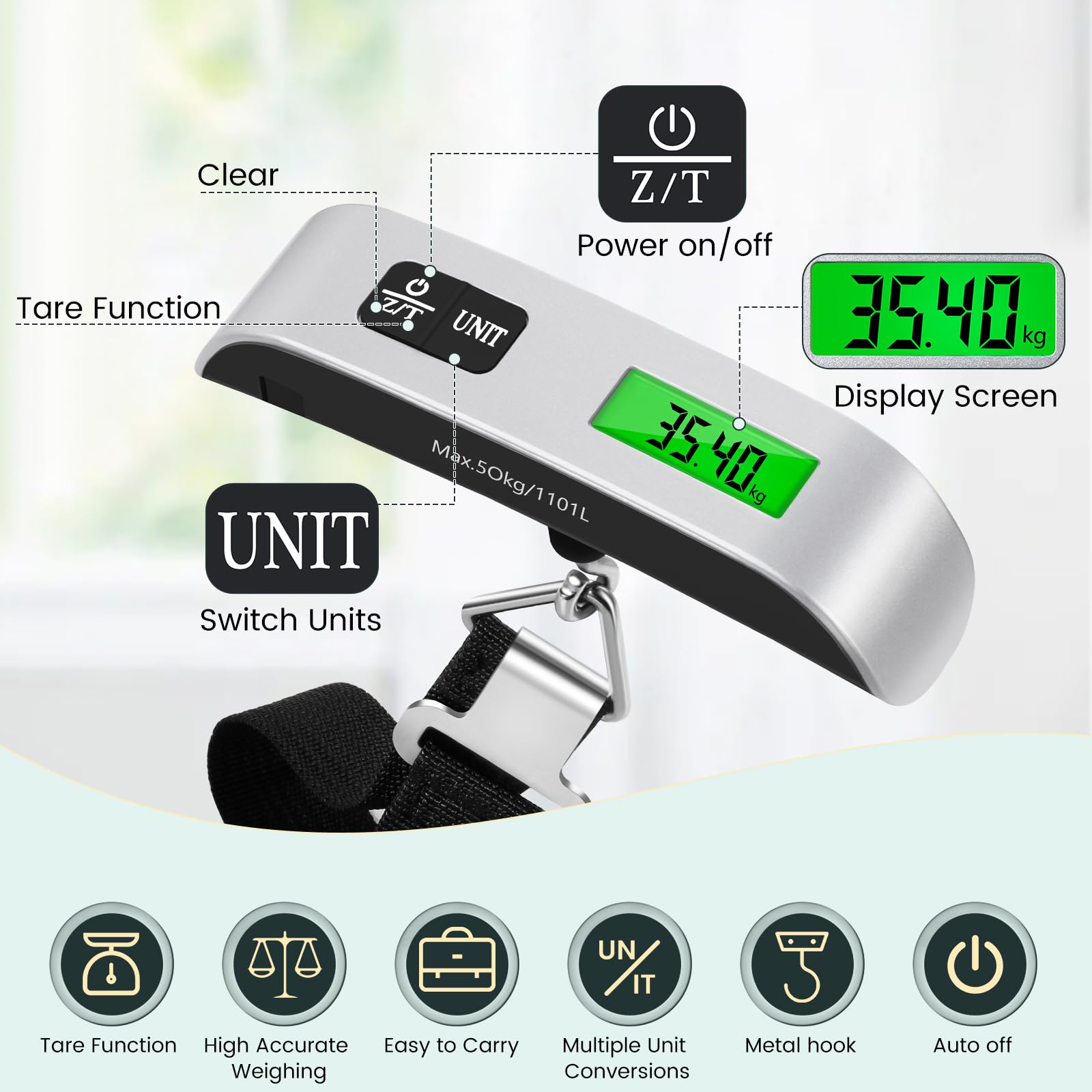 Brencco Kofferwaage Digital mit Haken, Tragbare Elektronische Gepäckwaage 50KG / 110 lb, Digitalwaage Tara-Funktion Praktisch Digitale Hängewaage für Reise 3