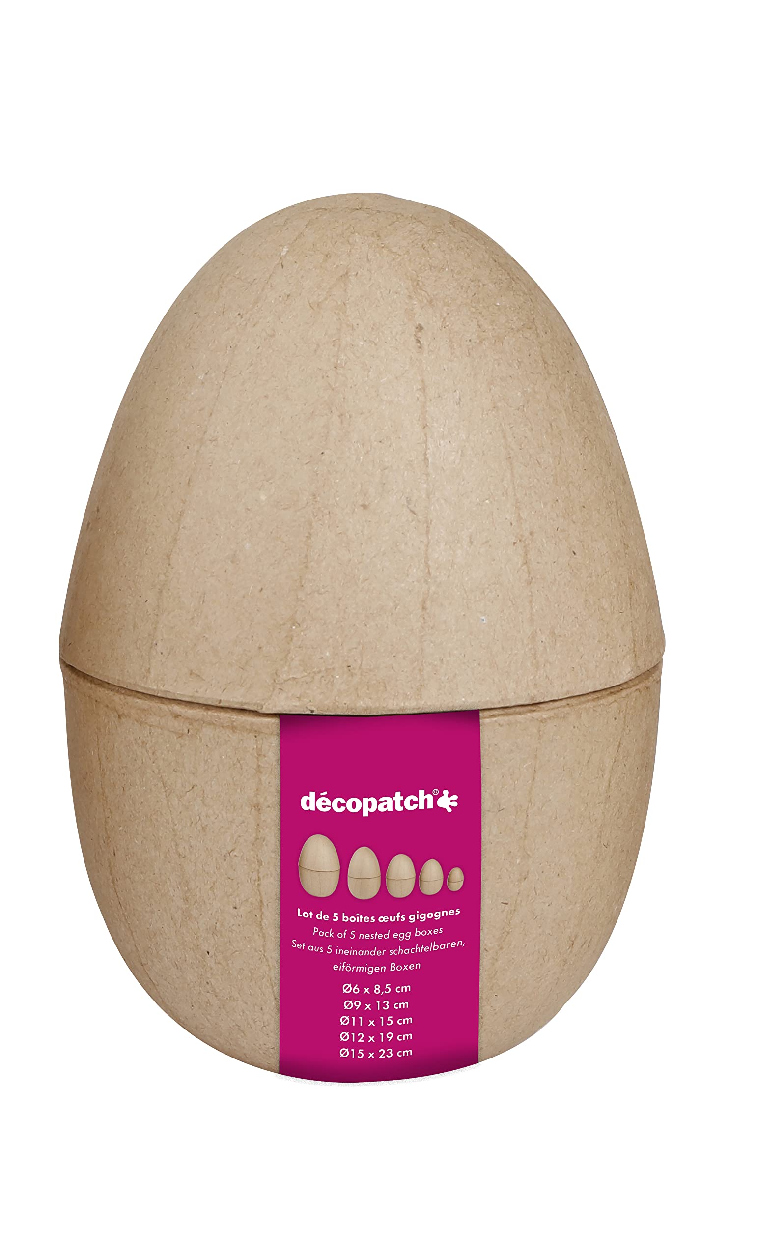 Decopatch BTS084C - A set of 5 egg boxes - Stacking boxes - Easter decoration - Box 1: 15x15x23cm; box 2: 12x12x19cm; box 3: 11x11x15cm; box 4: 9x9x13cm; box 5: 15x15x23cm