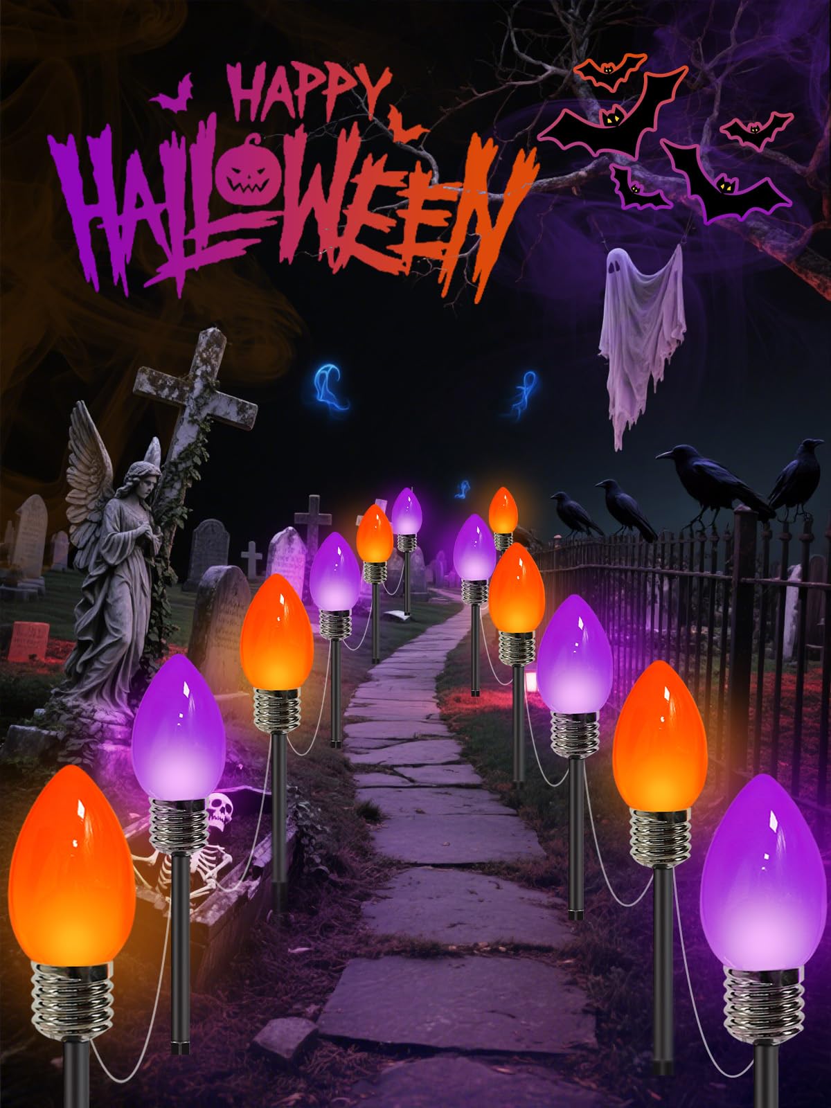 Photo 1 of 12 Pack C9 Halloween Lights Outdoor, Jumbo Bulbs Outdoor Halloween Decorations Plug in with Timer, Waterproof Pathway Lights for Outside Indoor Lawn Yard Garden Horror Party Decor (Orange and Purple)