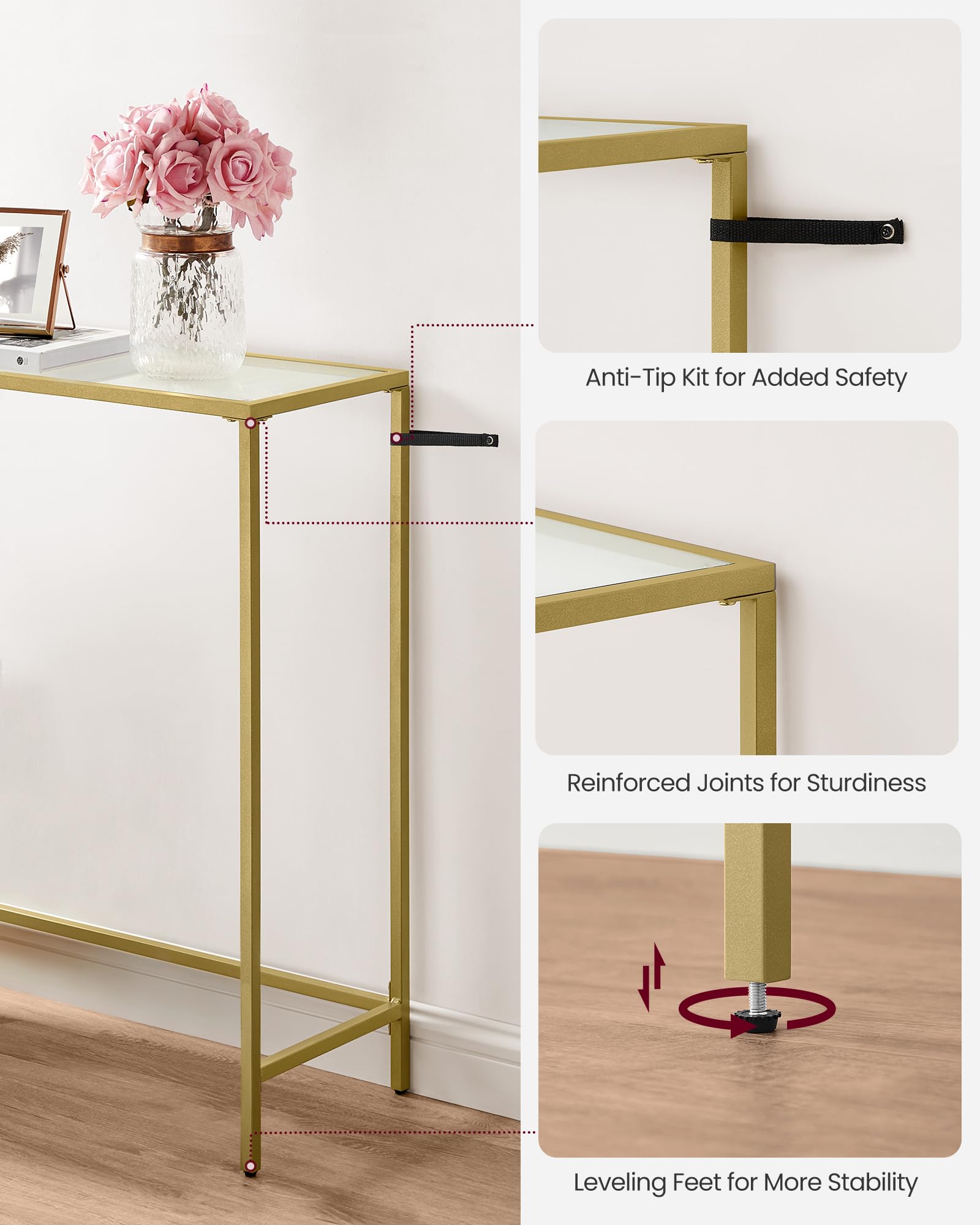 VASAGLE Entryway Table, Console Table, Tempered Glass Tabletop, Modern Sofa Table, Easy Assembly, with Adjustable Feet, for Living Room, Entryway, Pale Gold and Transparent ULGT132A01