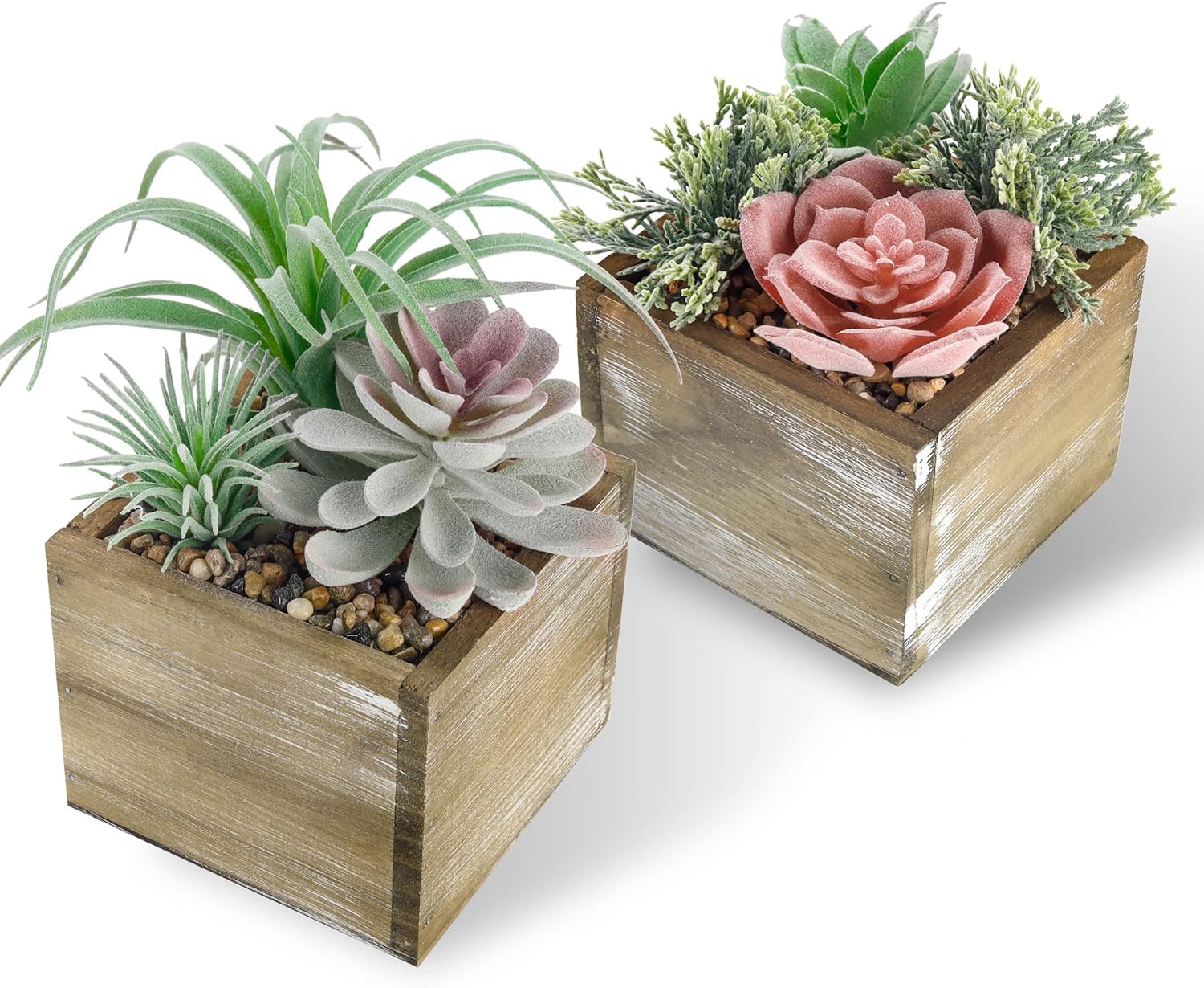 Photo 1 of Der Rose 2 Pack Fake Plants Succulents Plants Artificial Plants in Wood Pots with Pink Flowers for Farmhouse Bathroom Decor