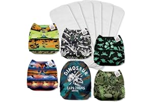 Mama Koala 1.0 Cloth Diapers for Babies, 6 Pack with 6 Microfiber Cloth Diaper Inserts - One Size Washable and Reusable Pocket Diapers for Newborns and Toddlers (Dinosaur Explorers)