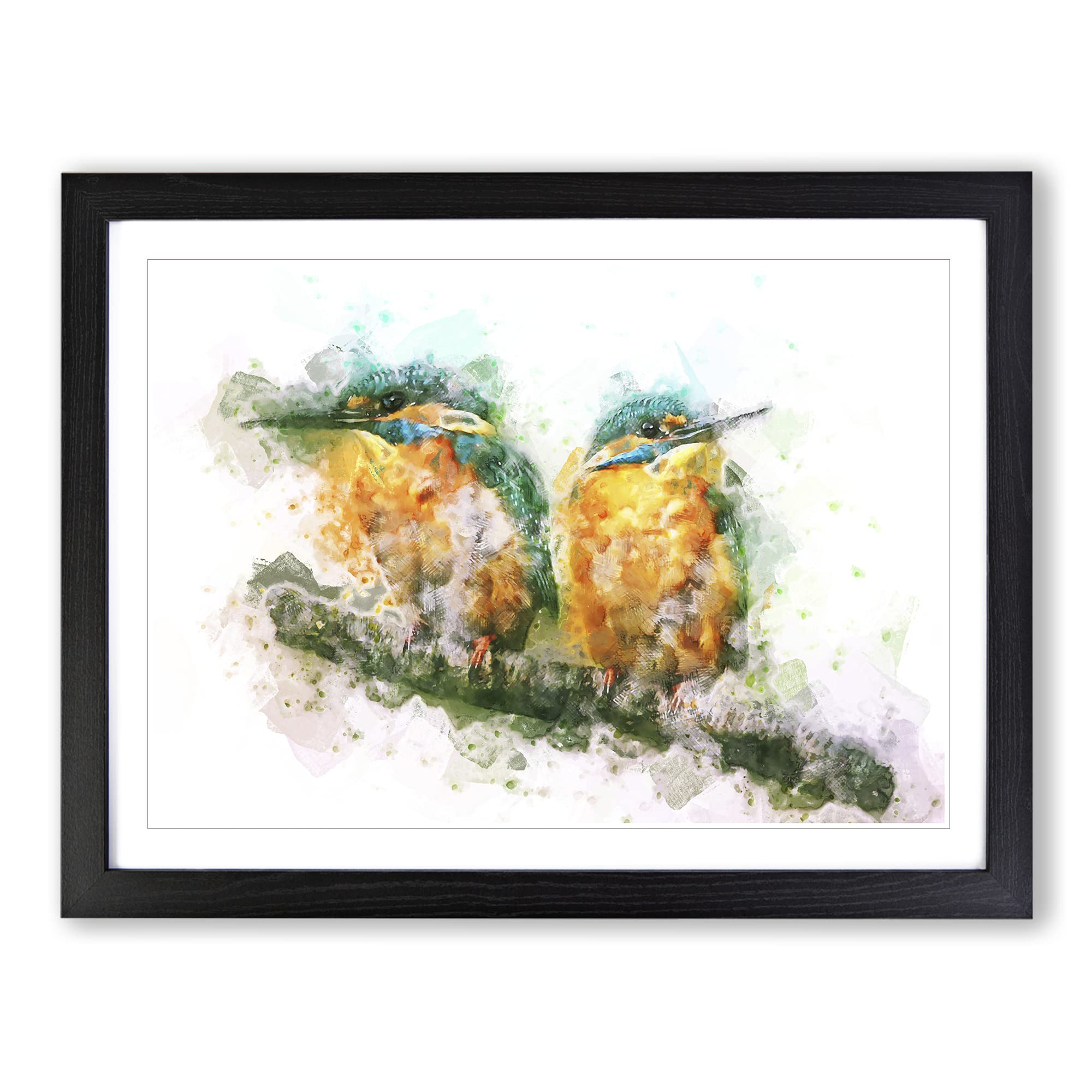 Pair Of Kingfisher Birds In Abstract Modern Art Framed Print | A4 Black Framed Wall Art | Ready to Hang | Abstract Fantasy Picture | Living Room Bedroom Lounge Office