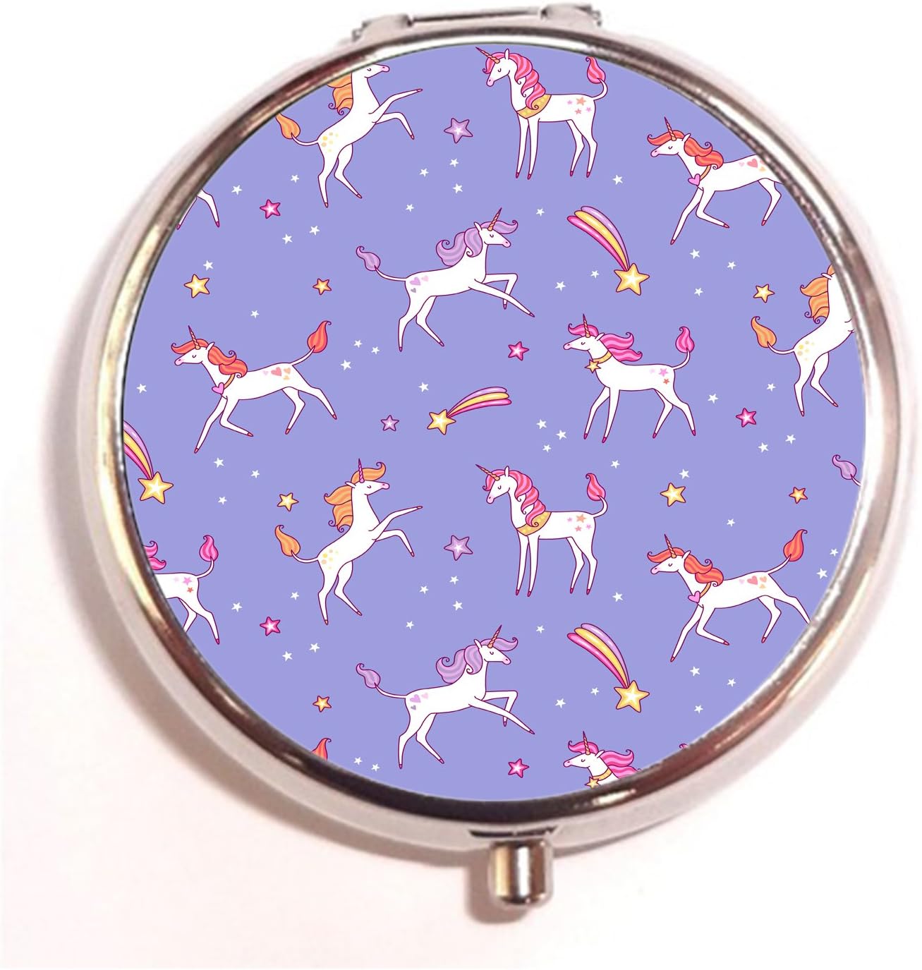 White Unicorns And Stars Customized Round Silver Portable Travel Pill Box Organizer Case 3 Compartment Medicine Tablet Holder Box Case Gift