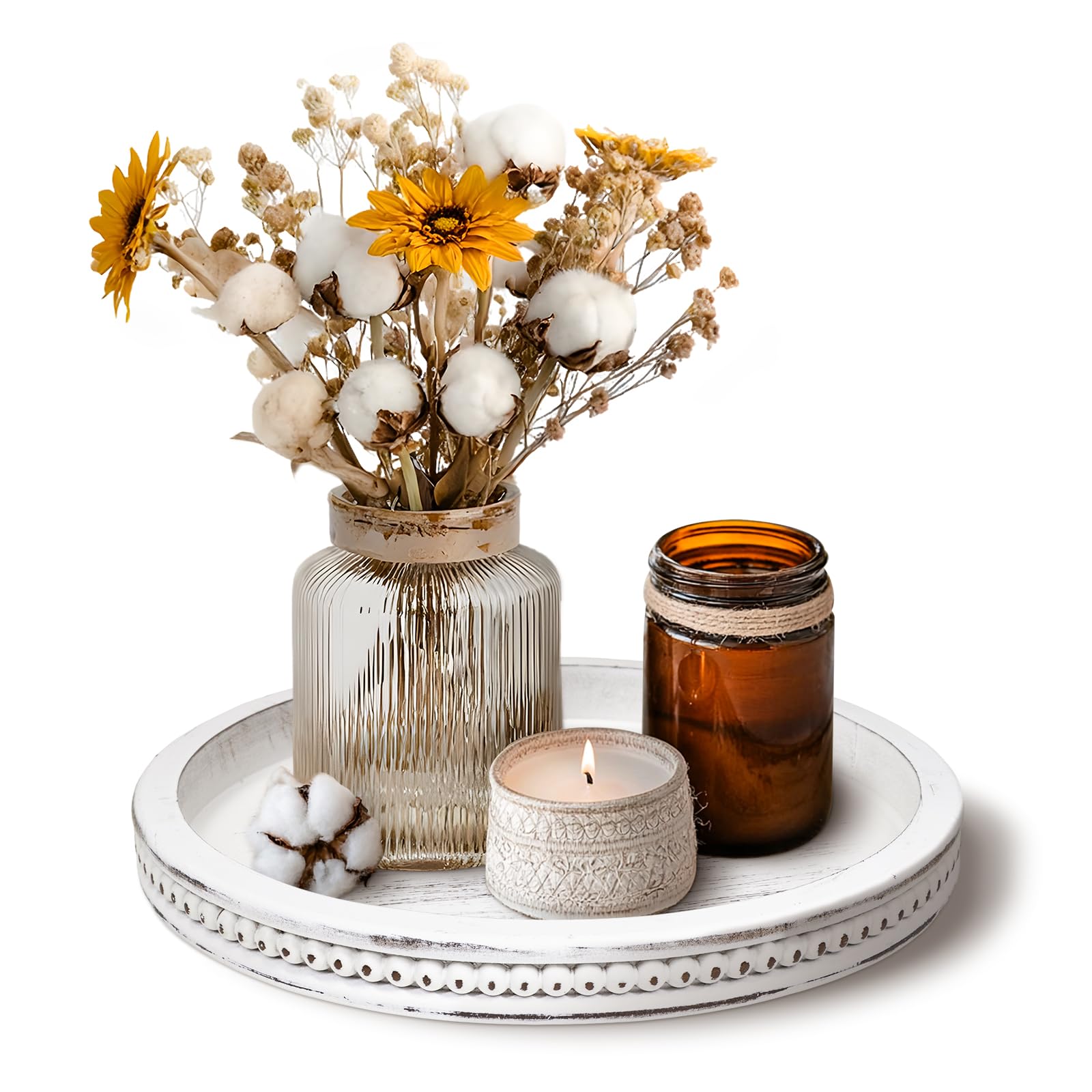 Photo 1 of Decorative Serving Tray Wood-Wooden Tray for Decor, White Farmhouse Bead Round Trays for Coffee Table Decor, Rustic Centerpiece for Living Room Kitchen Counter, Entryway