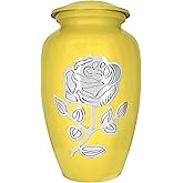 NANIURN Cremation Urns for Human Ashes Adult Female or Male, Urn for Ashes for Woman & Man, Burial, Decorative Urns for Funeral, Hand Engraved Silver Rose, Yellow Flowers Urn - Large Full Size