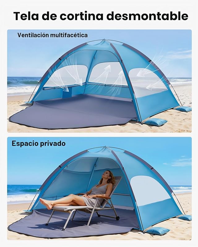 Tienda de playa para 3 personas, carpa de refugio de sol protección upf 50+, carpa portátil de playa con bolsa de transporte y bolsillos para arena, para acampar, pescar, picnics al aire libre