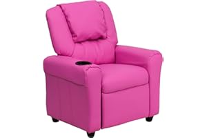 Flash Furniture Vana Vinyl Kids Recliner with Cup Holder, Headrest, and Safety Recline, Contemporary Reclining Chair for Kids, Supports up to 90 lbs., Hot Pink