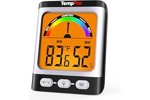 TempPro A52 Hygrometer Indoor Thermometer for Home with Comfort Level Indication Humidity Meter, Large Backlit Display Humidity Sensor with Max/Min Record for Greenhouse Basement Black