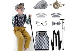 Aimeiar Kids 100 Days of School Costume for Boys - Halloween Old Man Costume Hat Glasses and Grandpa Vest Set for Child