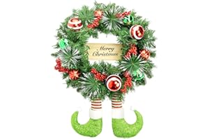 Fraser Hill Farm Faux Unlit Pine Wreath with Elf Boots, Balls, Berries and Merry Christmas Sign, 24-Inch Diameter, Holiday Decor for Indoor or Covered Outdoor Wall, Front Door, Window, Fireplace