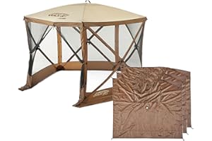 CLAM Venture 9 x 9 Foot Portable Outdoor Gazebo Canopy Camping Tent Shelter, with 3 Wind and Sun Panels and Carry Bag Accessory, Brown