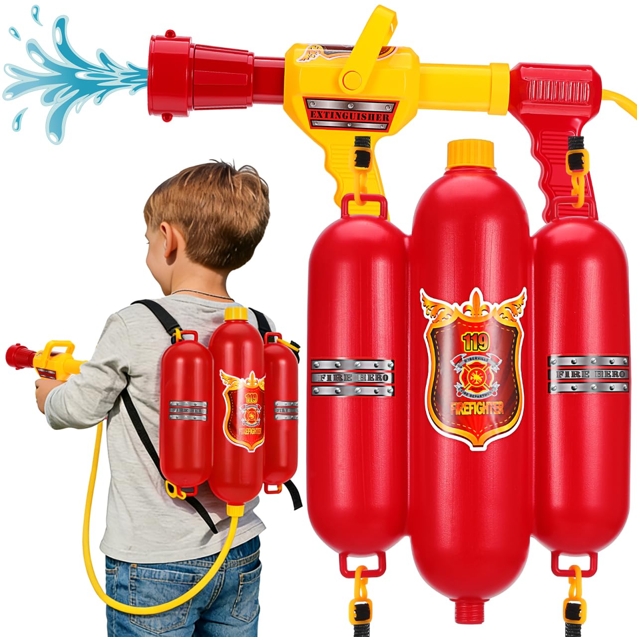 VICASKY Fire Backpack Water Fireman Backpack Water Toys Firefighter Costume for Bathtub Water Toy Pool Toys Summer Pool Toy Water for Ages 4-8 Beach Squirter Red Plastic