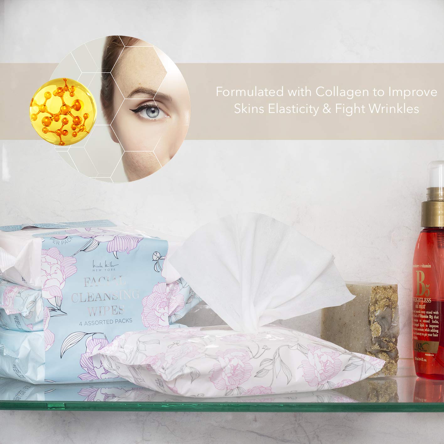 Nicole Miller 4 Pack Facial Cleansing Wipes (30 Count Each), 120 Facial Cleansing Cloths, Removes Makeup, Mascara, Dirt and Oil (Sweet Jasmine, Rose Gardenia, Pink Grapefruit & Island Coconut): Beauty