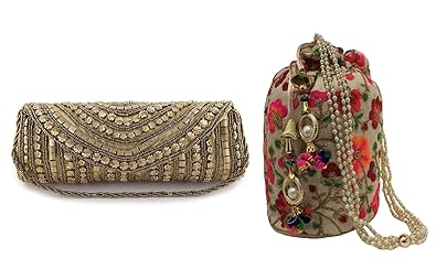 Filora Womens Ethnic Rajasthani Silk Potli Bag Potli Purse clutch for women Combo of Potli and Clutch